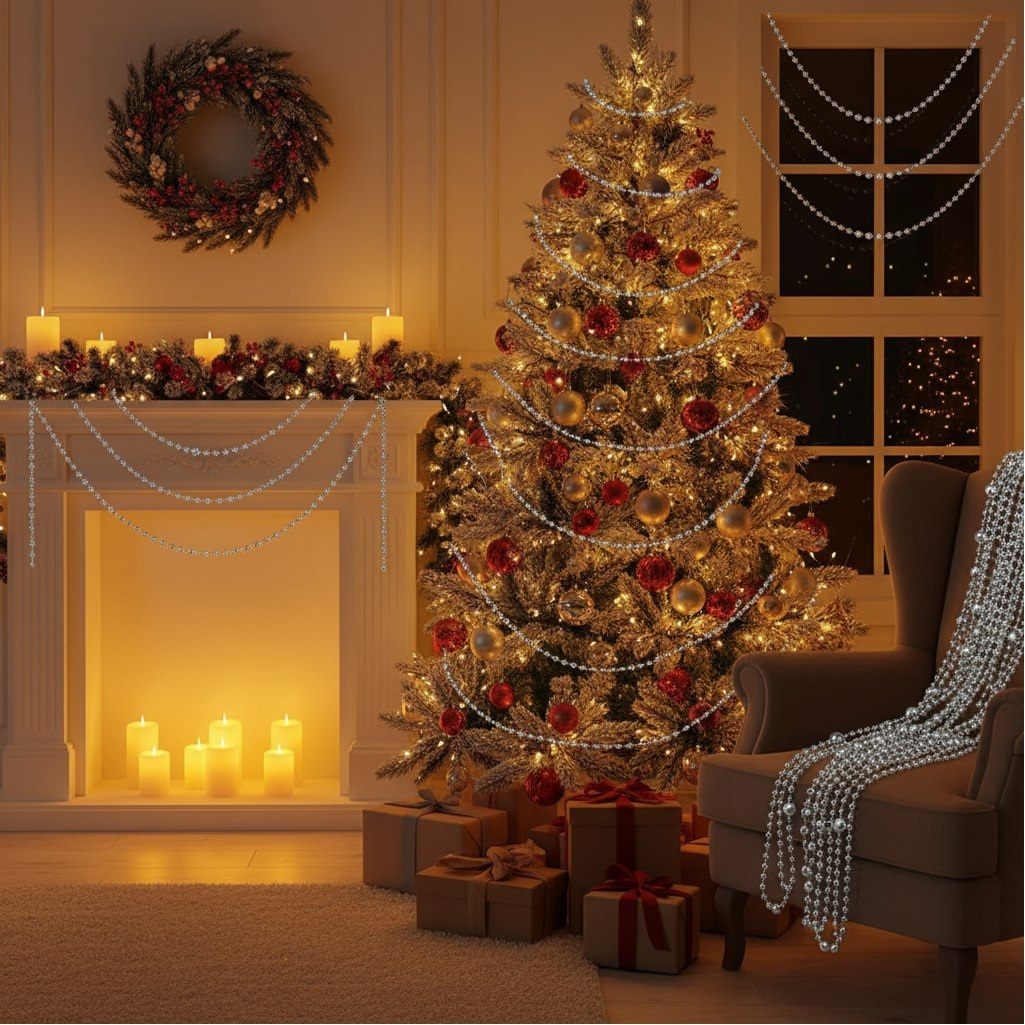 Бусы новогодние Капли росы, Y4-9348, для декора интерьера, серебро, длина 1500 см