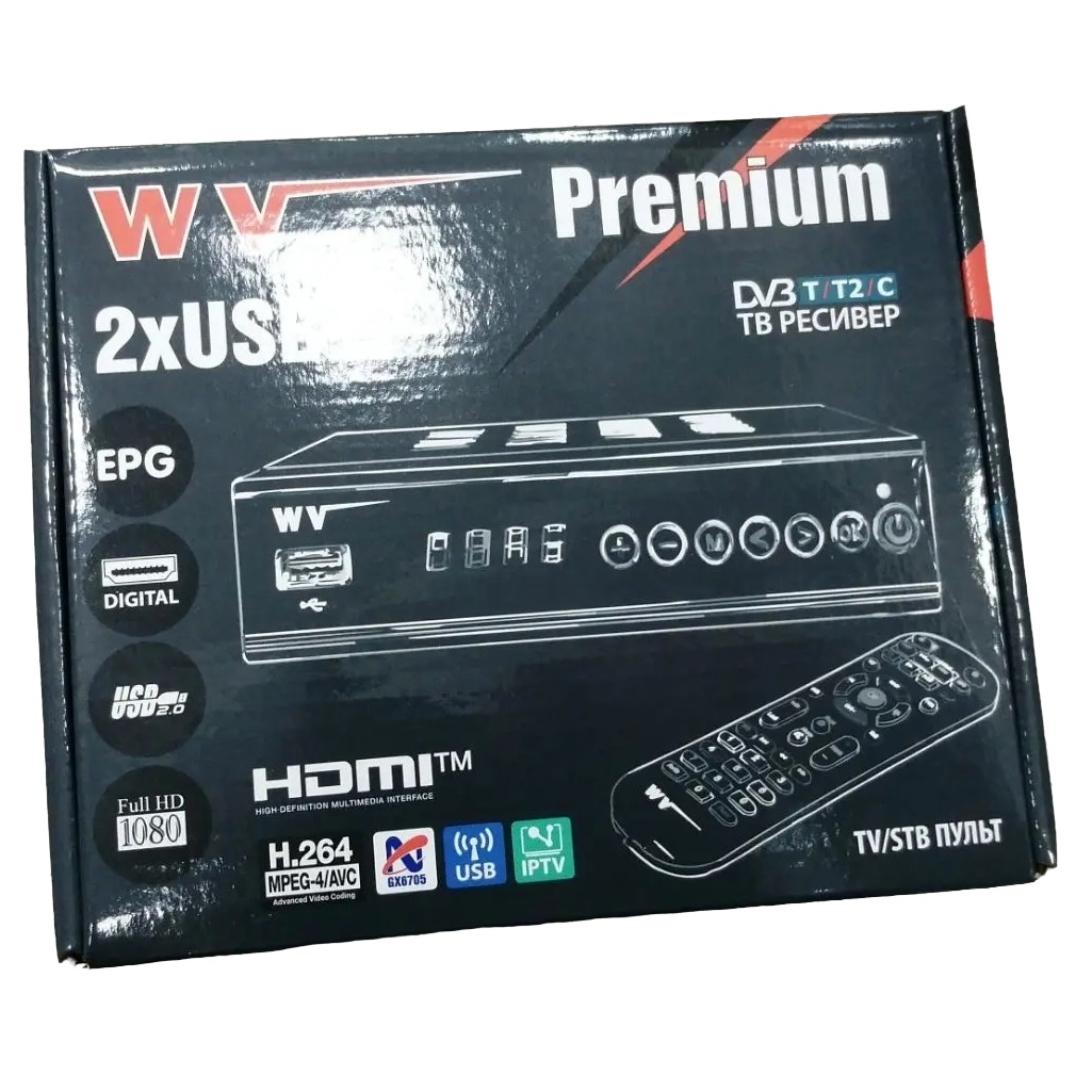Ресивер цифрового телевидения WV Premium, Didgital DVB-Т/T2/С, IPTV, USB, FM, TV/STB пульт, цвет черный