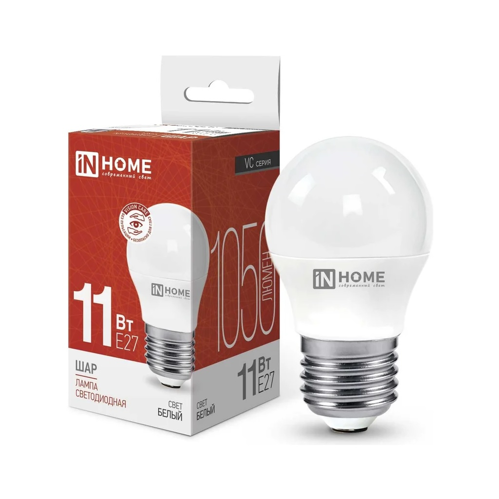 Лампа светодиодная In Home LED-ШАР-VC, 0617, 11 Вт, 230В, Е27, 4000К, белый свет