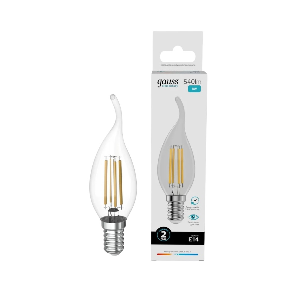 Лампа светодиодная филаментная Gauss Filament Elementary Свеча на ветру 42128, 8Вт, Е14, 4100К, нейтральный белый свет