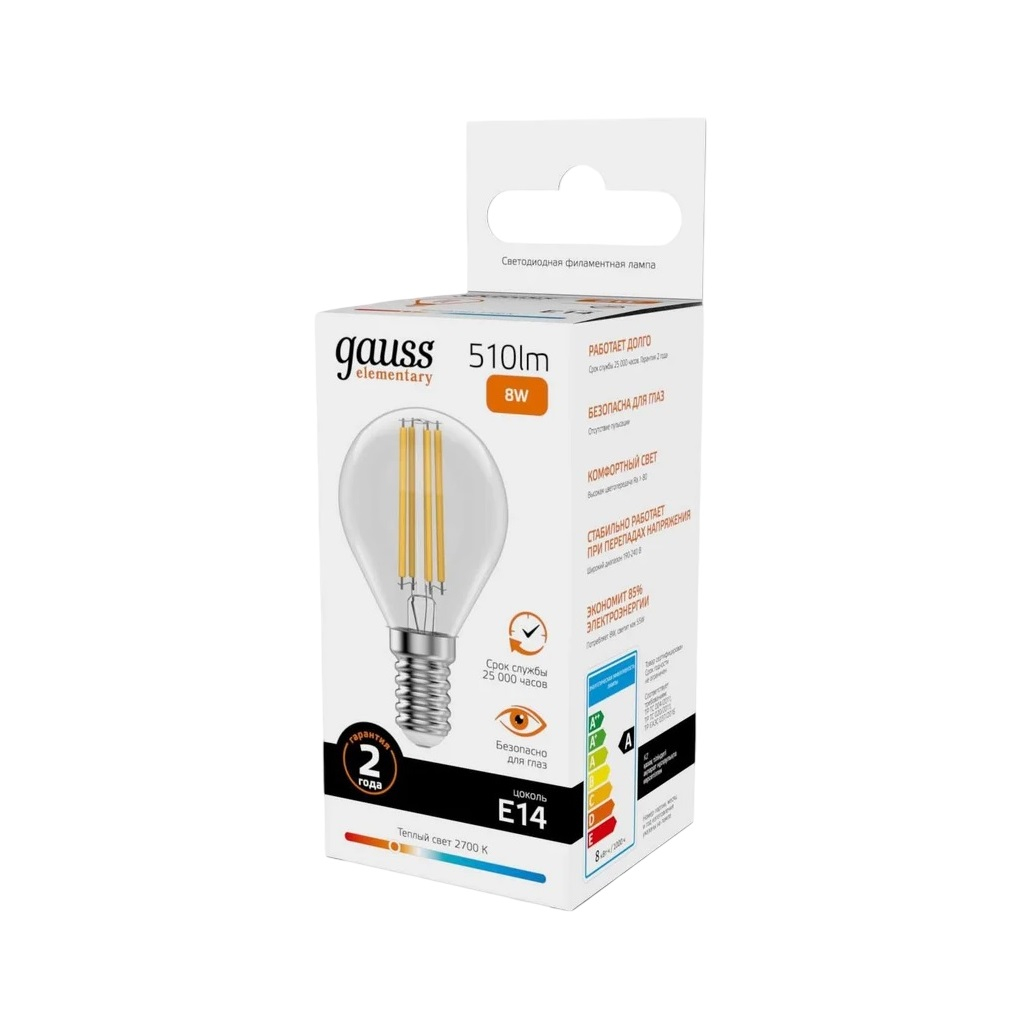 Лампа светодиодная филаментная Gauss Filament Elementary 52118, Шар, Е14, 8Вт, 2700К, теплый белый свет
