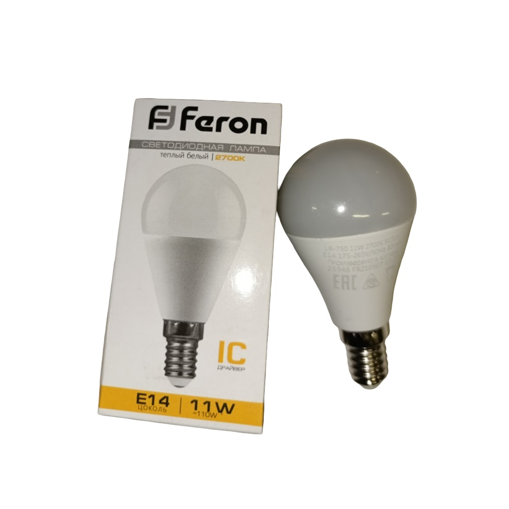 Лампа светодиодная Feron LB-750 Шарик 25946, E14, 11W, 175-265V, 2700K, теплый белый свет