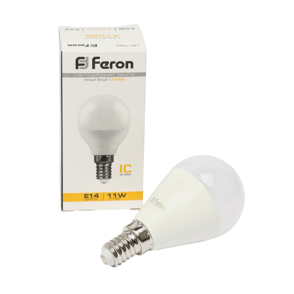 Лампа светодиодная Feron LB-750 Шарик 25946, E14, 11W, 175-265V, 2700K, теплый белый свет