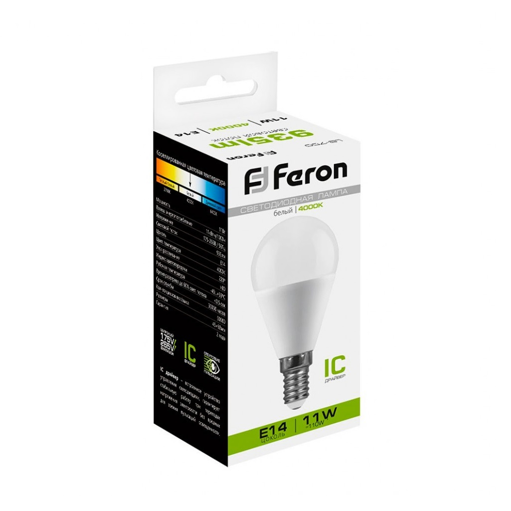 Лампа светодиодная Feron LB-750 Шарик 25947, E14, 11W, 175-265V, 4000K, белый свет
