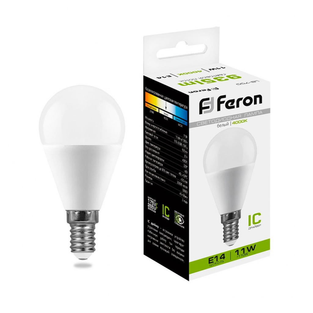 Лампа светодиодная Feron LB-750 Шарик 25947, E14, 11W, 175-265V, 4000K, белый свет