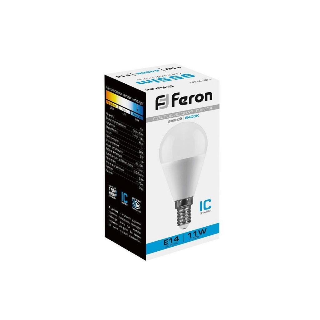 Лампа светодиодная Feron LB-750 Шарик 25948, E14, 11W, 175-265V, 6400K, дневной свет