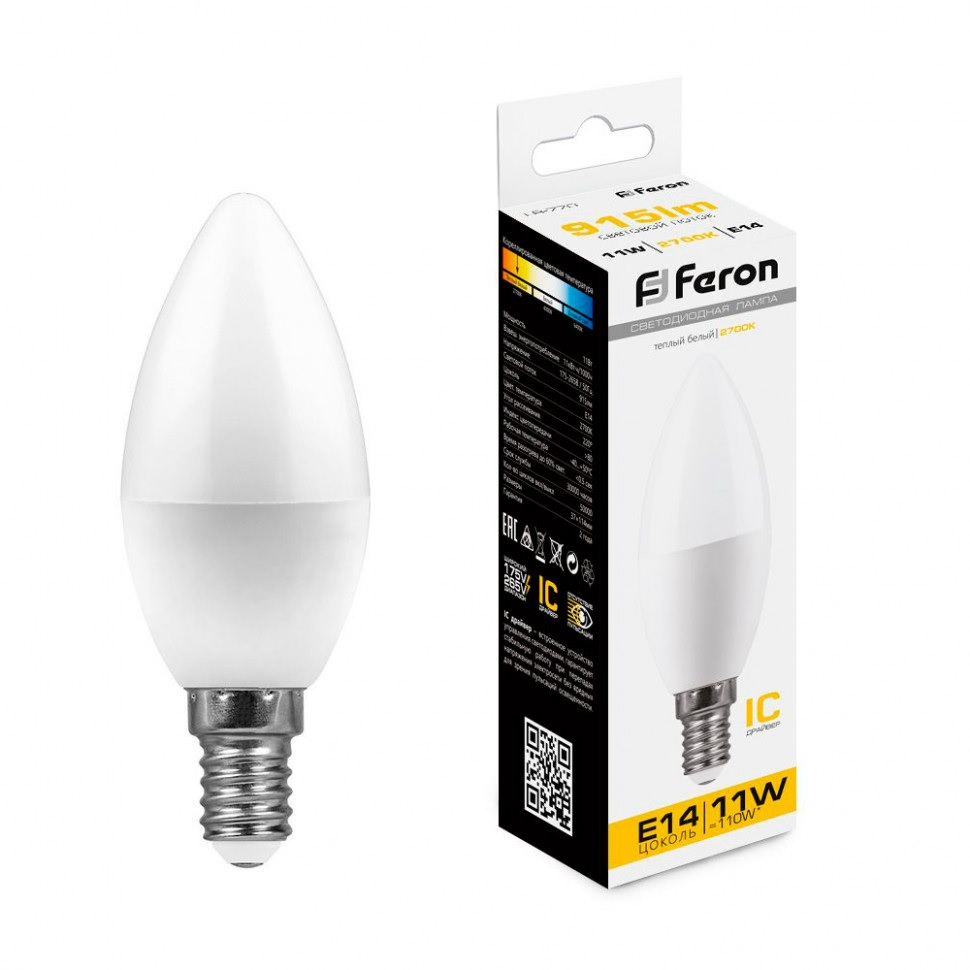Лампа светодиодная Feron LB-770 Свеча 25941, E14, 11W, 175-265V, 2700K, теплый белый свет