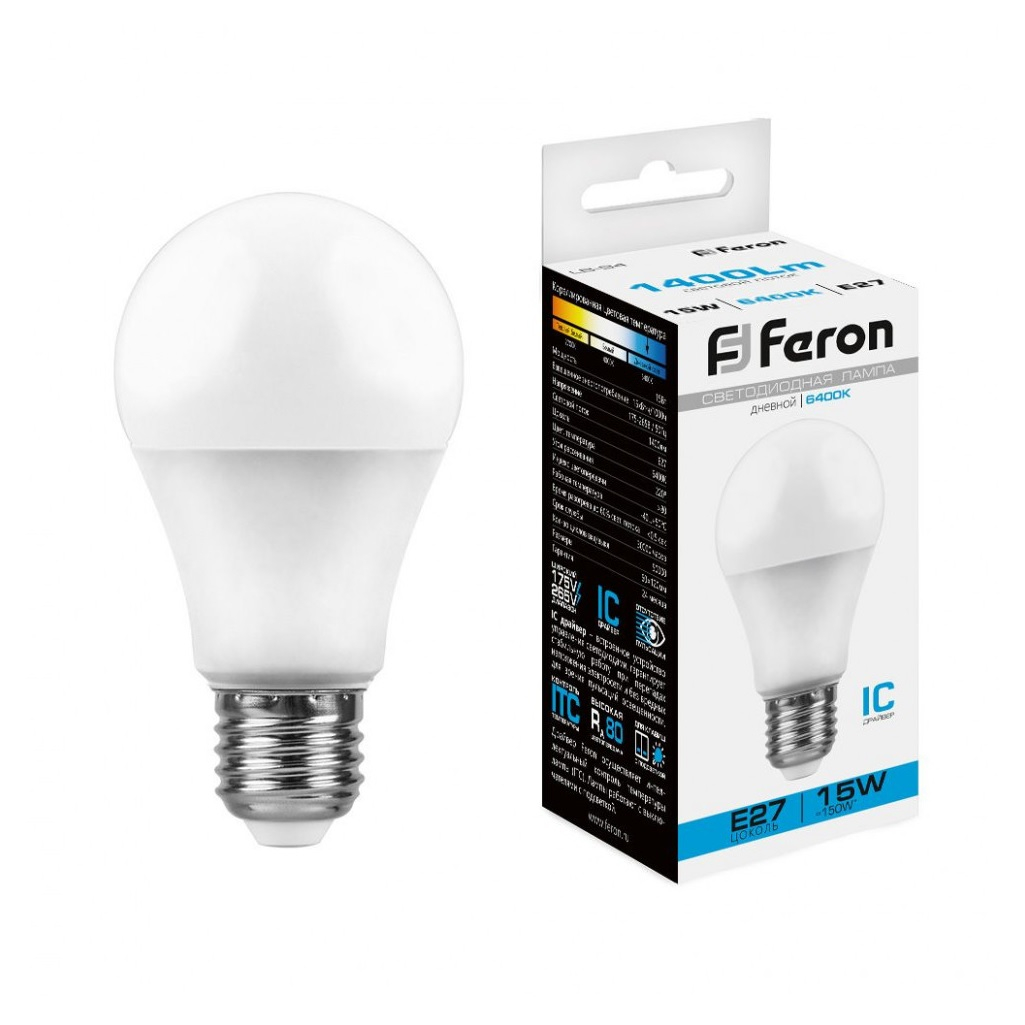 Лампа светодиодная Feron LB-94 Шар 25630, E27, 15W, 175-265V, 6400K, дневной свет