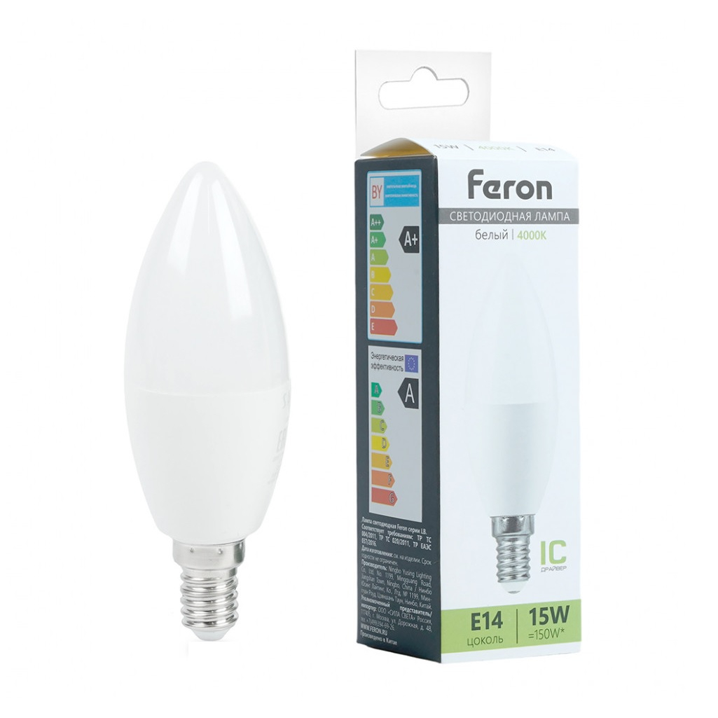 Лампа светодиодная Feron LB-980 Свеча 52073, E14, 15W, 175-265V, 4000K, белый свет