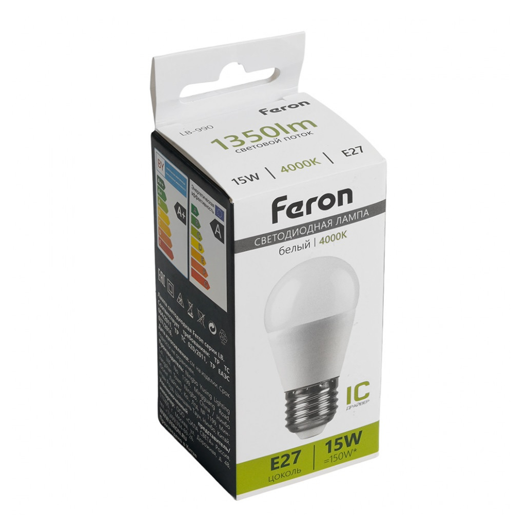 Лампа светодиодная Feron LB-990 Шарик 52077, E27, 15W, 175-265V, 4000K, белый свет