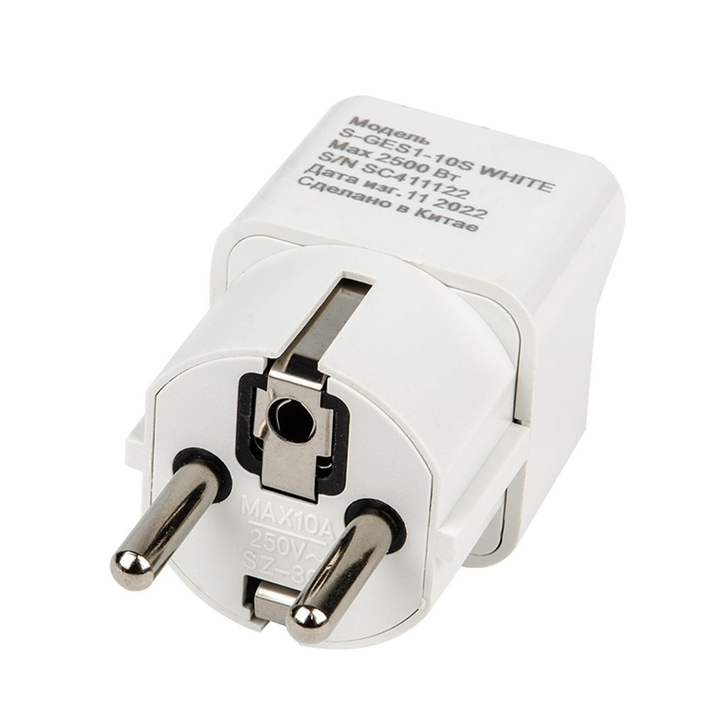 Переходник сетевой Uniel S-GES1-10S White с заземлением, 10 А, 2.5 кВт