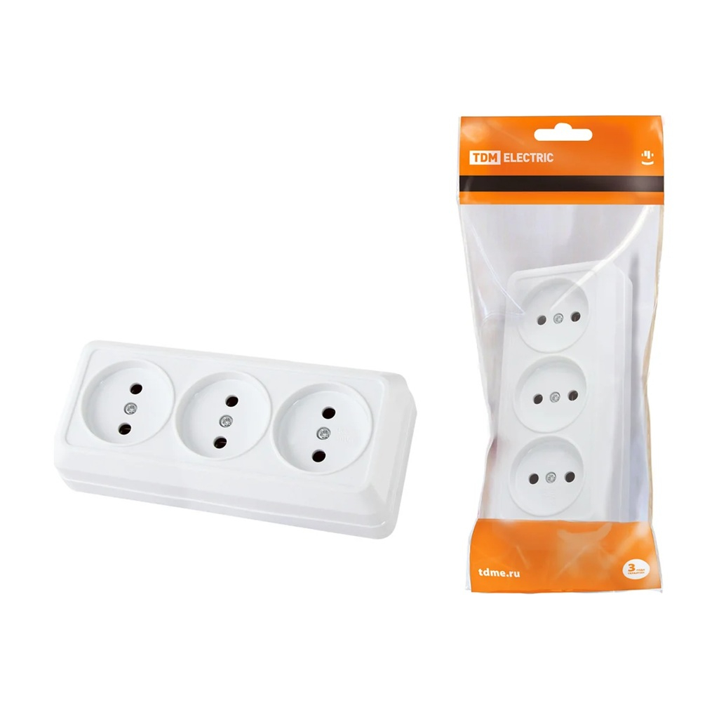 Розетка 3-х местная TDM Electric Ладога SQ1801-0124 без заземления, накладная, белая