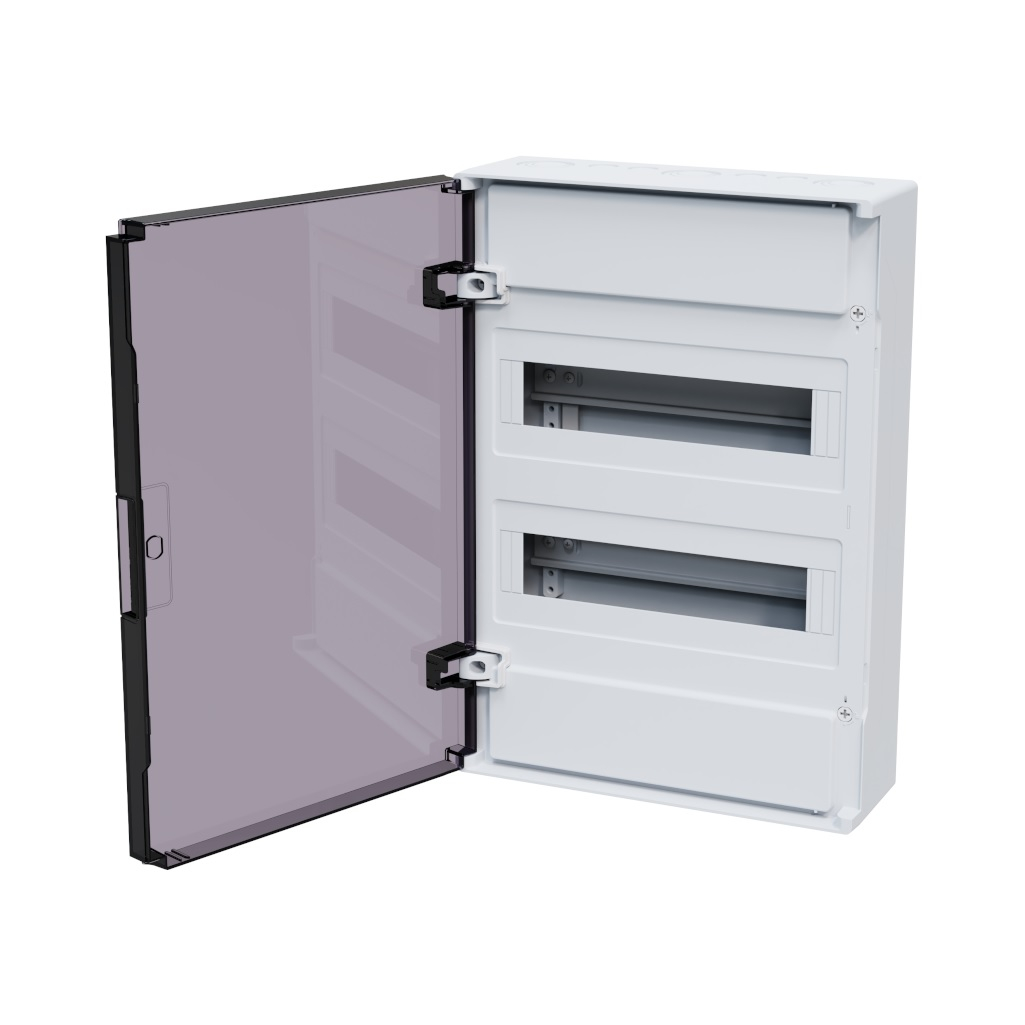 Корпус пластиковый навесной КЭАЗ OptiBox Pro 24-NKR-IP40, 379798, IP40, 24 модуля, прозрачная черная дверца