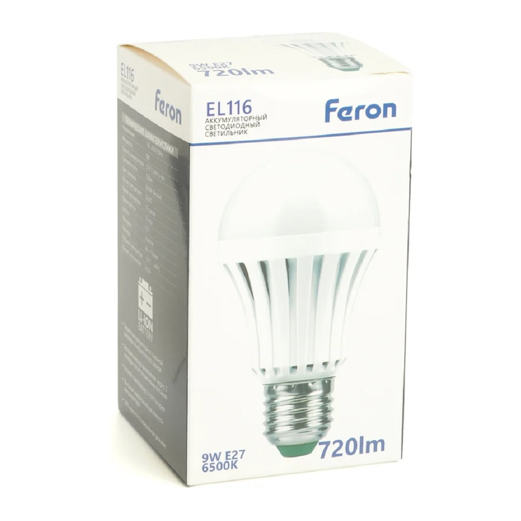 Светильник аккумуляторный Feron EL116 9W Е27 AC/DC, литий-ионная батарея, белый