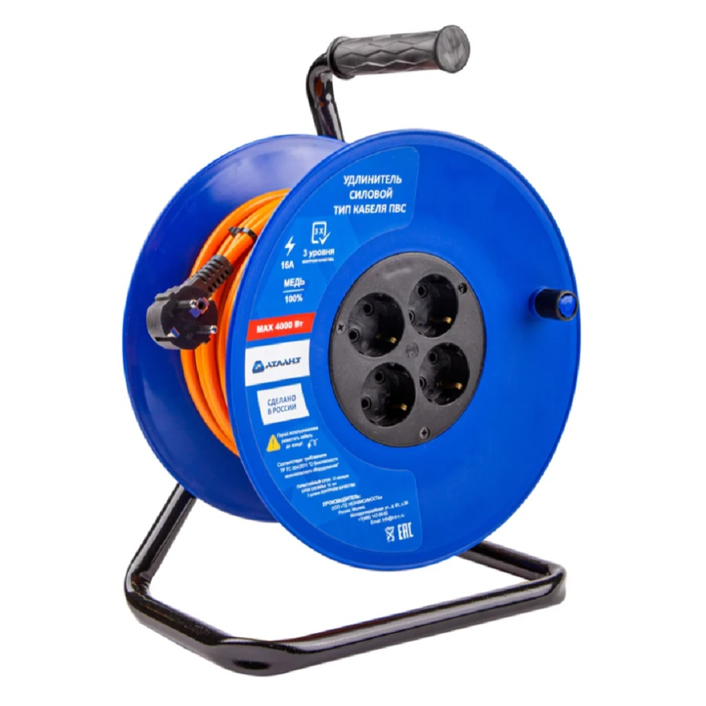 Удлинитель Атлант Атом ПВС 40174, с заземлением, 4 розетки, 50 м, 3.5 кВт, на катушке