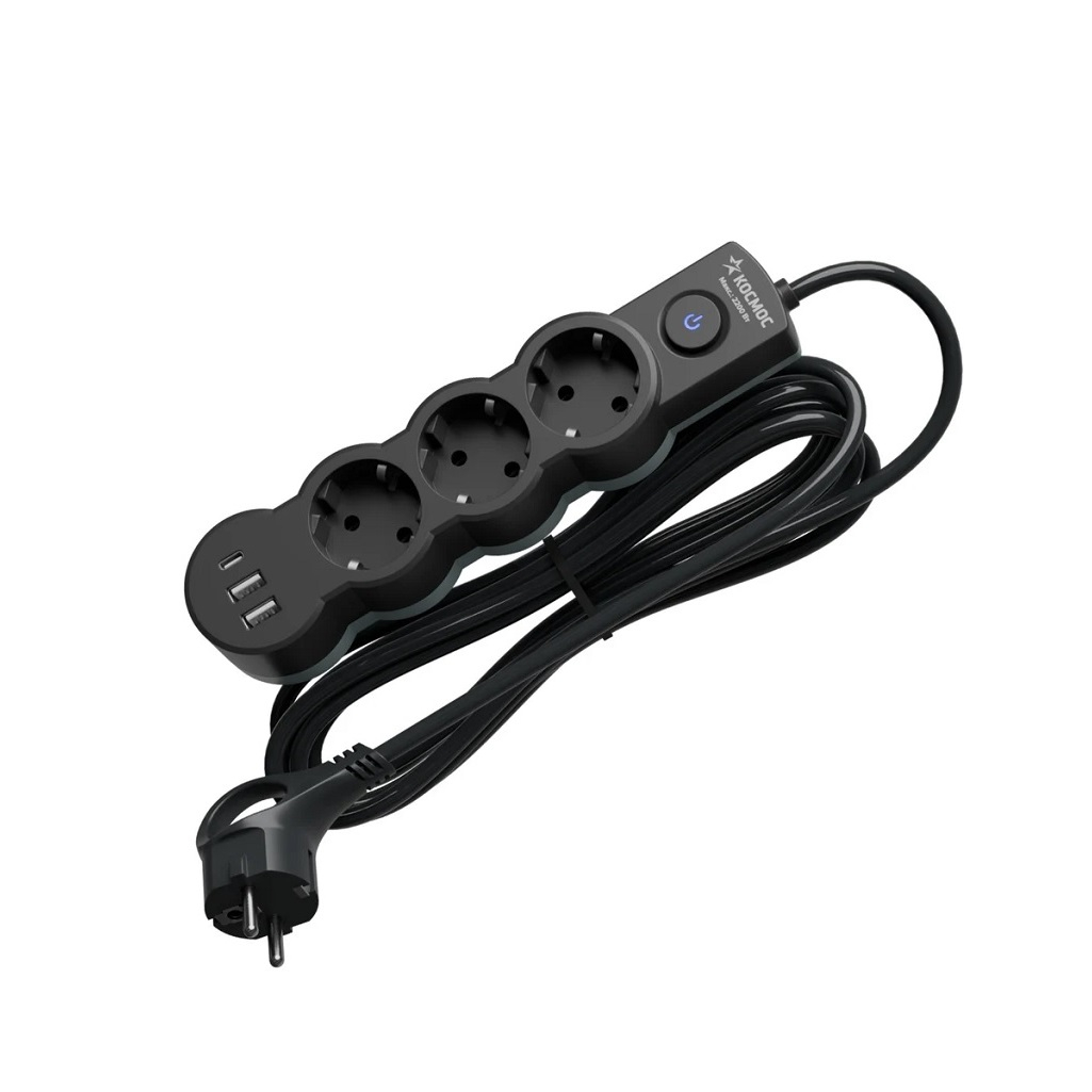 Удлинитель Космос YKsm3m3g-Z-VU10A-B, ПВС, с заземлением и выключателем, 3 розетки, 3 м, 2.2 кВт