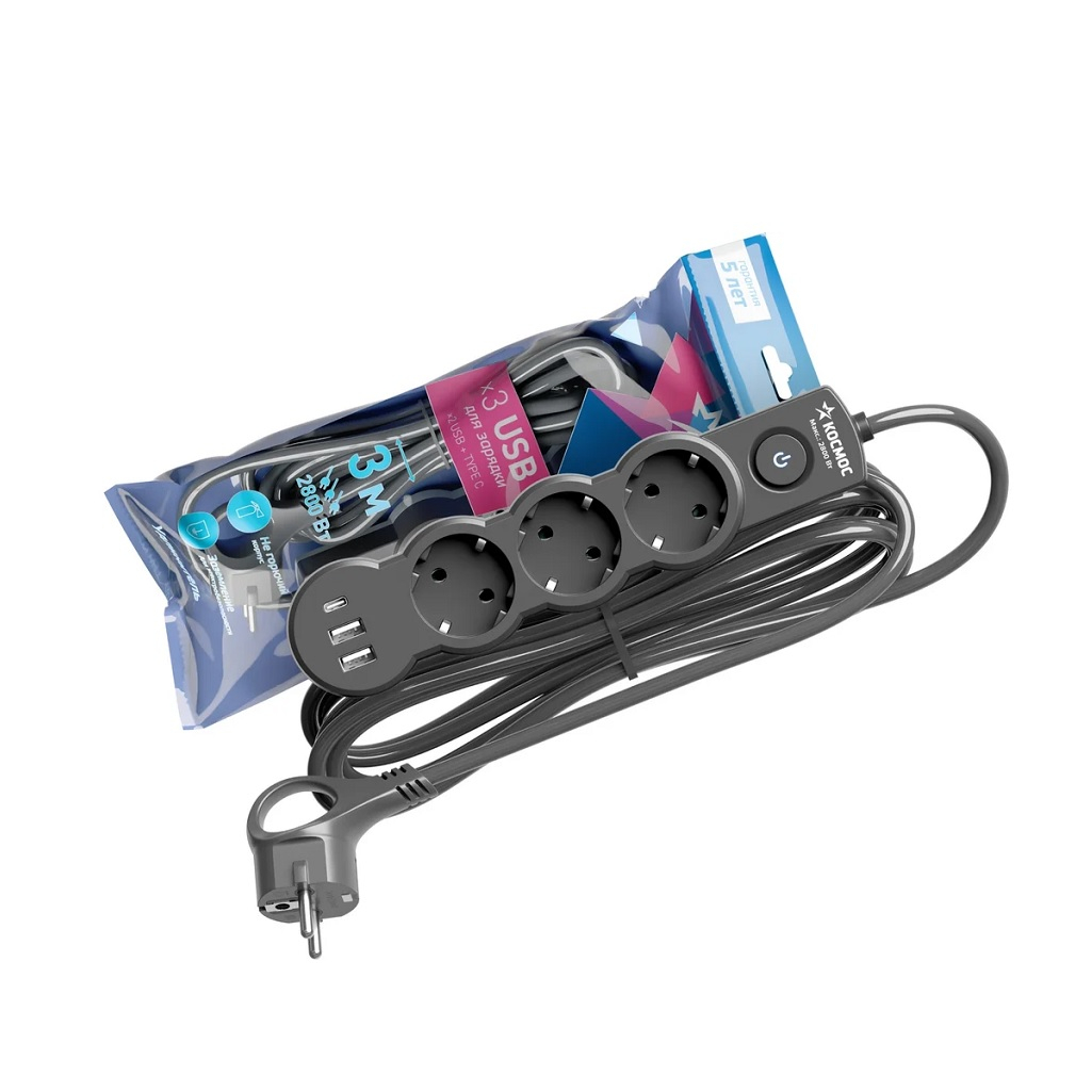 Удлинитель Космос YKsm3m3g-Z-VU10A-B, ПВС, с заземлением и выключателем, 3 розетки, 3 м, 2.2 кВт