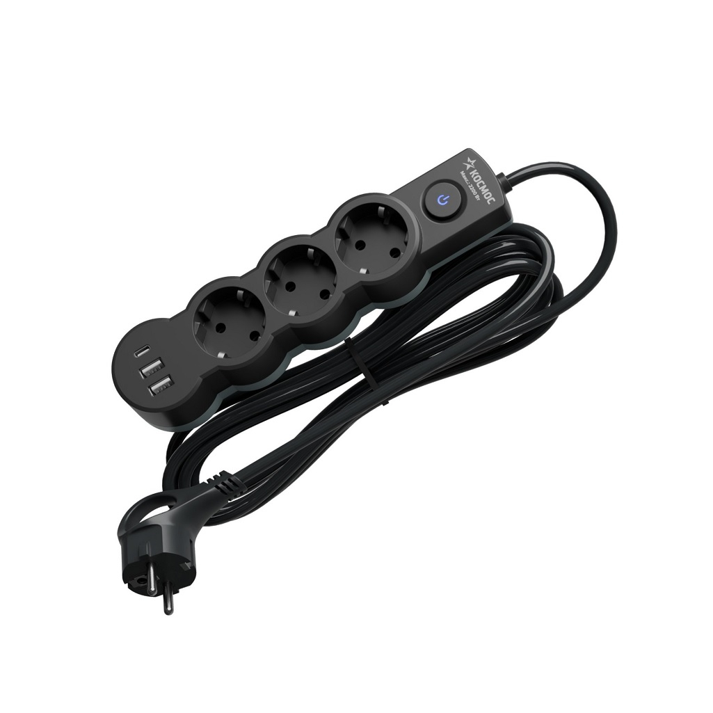 Удлинитель Космос YKsm5m3g-Z-VU10A-B, ПВС, с заземлением и выключателем, 3 розетки, 5 м, 2.2 кВт