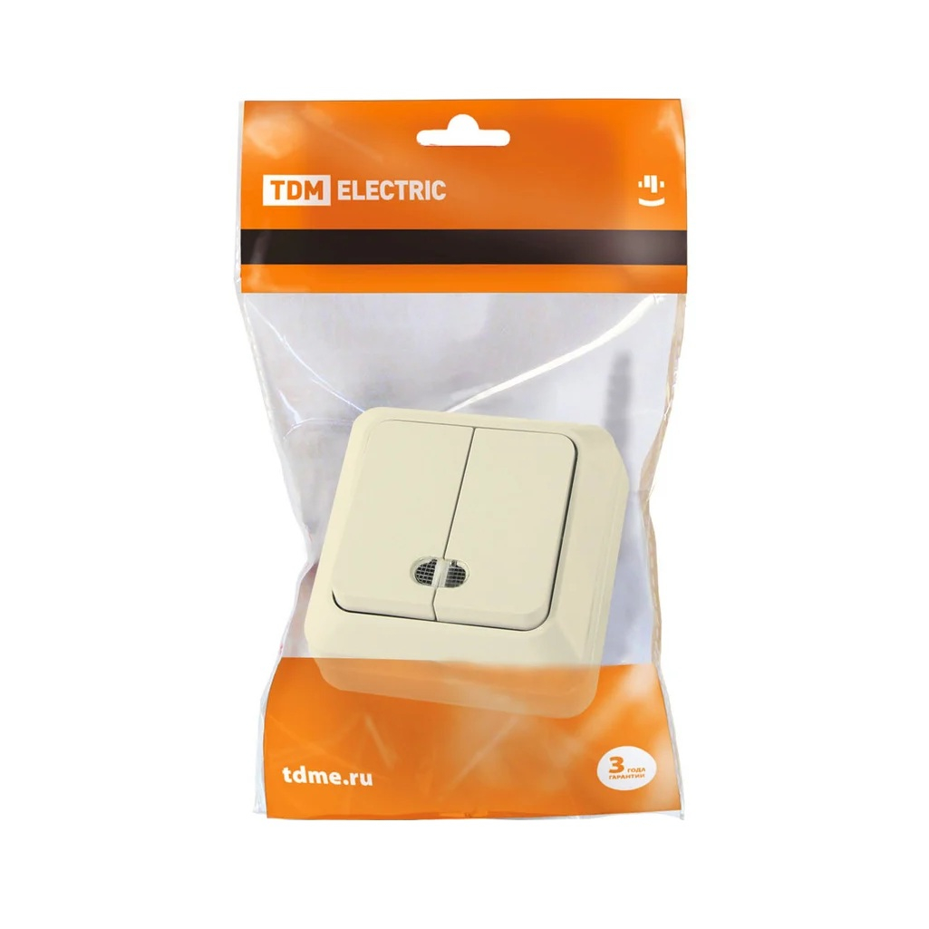 Выключатель двухклавишный с подсветкой TDM Electric  Ладога SQ1801-0008 накладной, слоновая кость