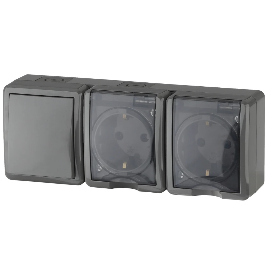 Блок 2 розетки и выключатель Эра Эксперт 11-7403-03, Б0027674, IP54, 16A, 3 поста, серый, накладной, с крышкой