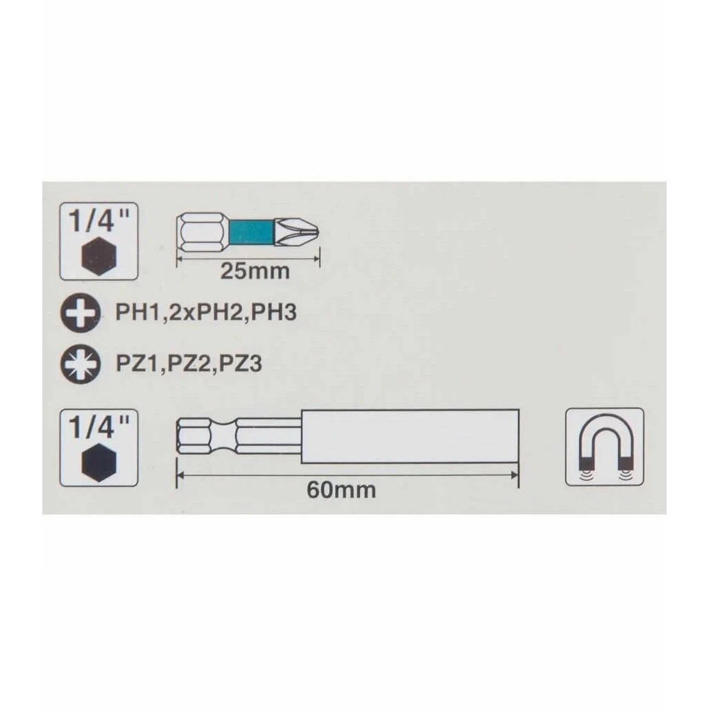 Набор бит Makita Impact Black E-11994, 25 мм, 8 предметов, PH1, PH2, PH3, PZ1, PZ2, PZ3, магнитный держатель