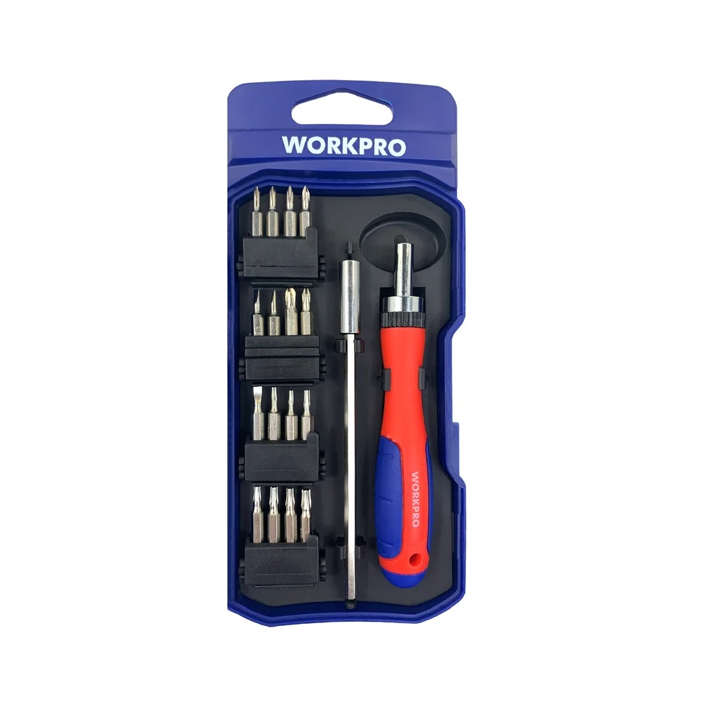 Отвертка с трещоткой Workpro WP200516, эргономичная рукоятка, 18 предметов