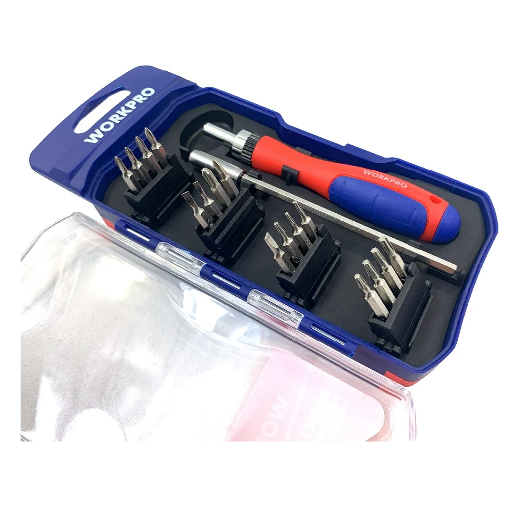 Отвертка с трещоткой Workpro WP200516, эргономичная рукоятка, 18 предметов