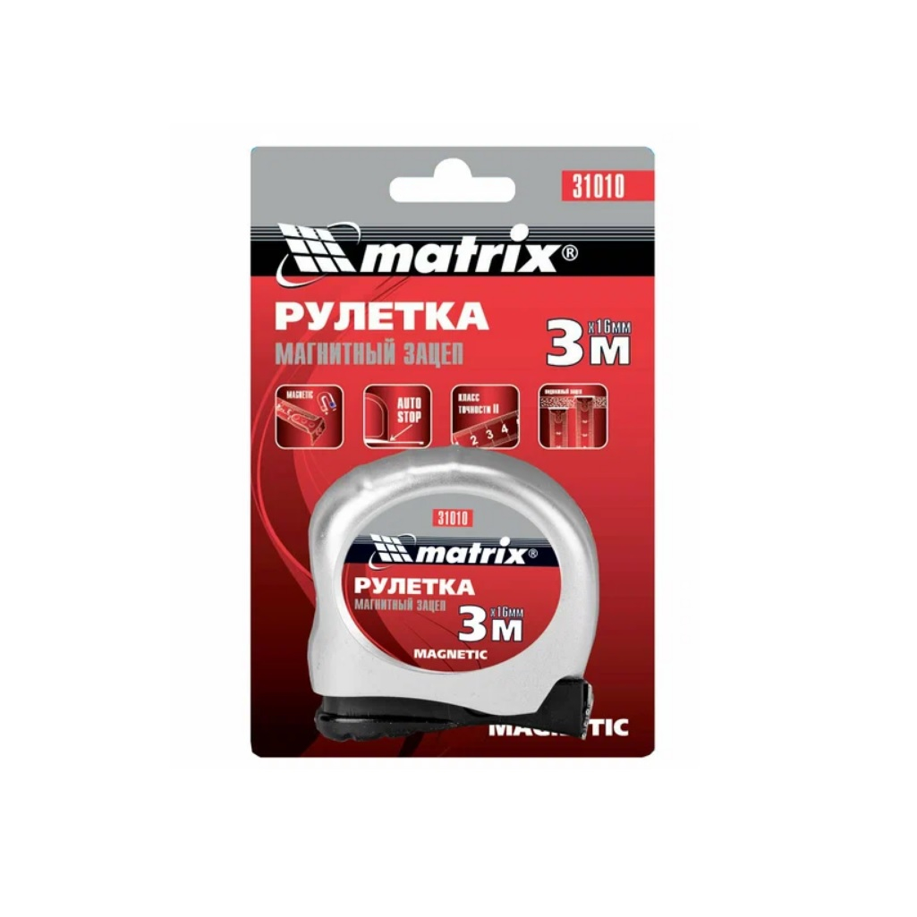 Рулетка Matrix Magnetic, 3 м, 16 мм, сталь, магнитный зацеп, 31010