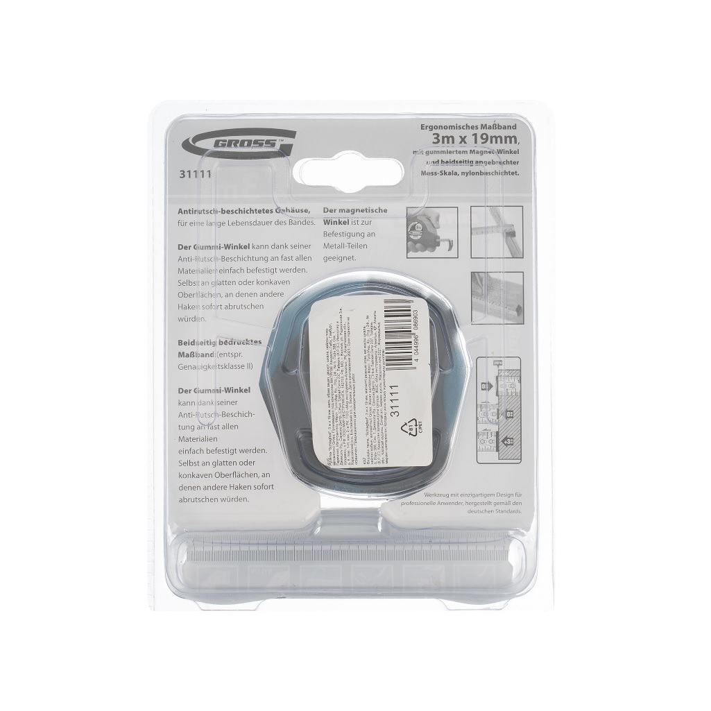 Рулетка Gross Schlagfest 31111, 3 м, 19 мм, магнитный обрезиненный зацеп, двухсторонняя шкала, нейлоновое покрытие