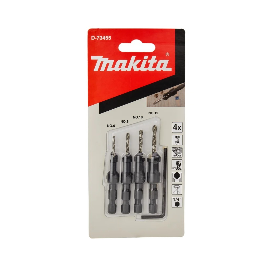 Набор сверл по дереву Makita D-73455, с зенкерами, шестигранный хвостовик, в упаковке 4 штуки