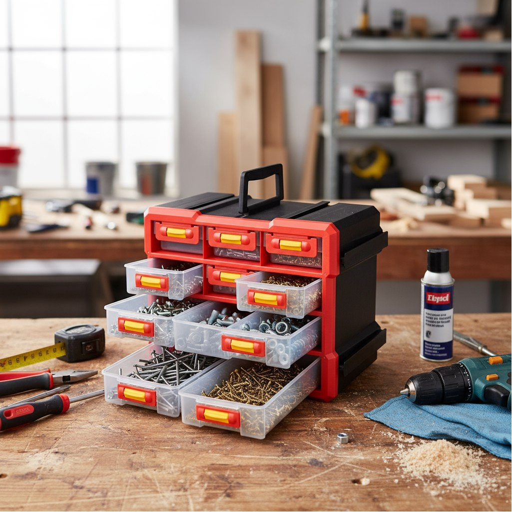 Ящик для инструментов 06431, вертикальный, 10 ячеек, красный, 160х250х300