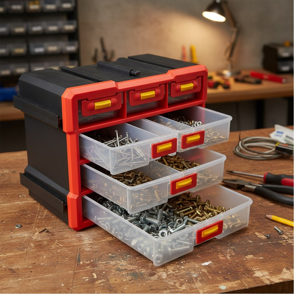 Ящик для инструментов 06431, вертикальный, 10 ячеек, красный, 160х250х300