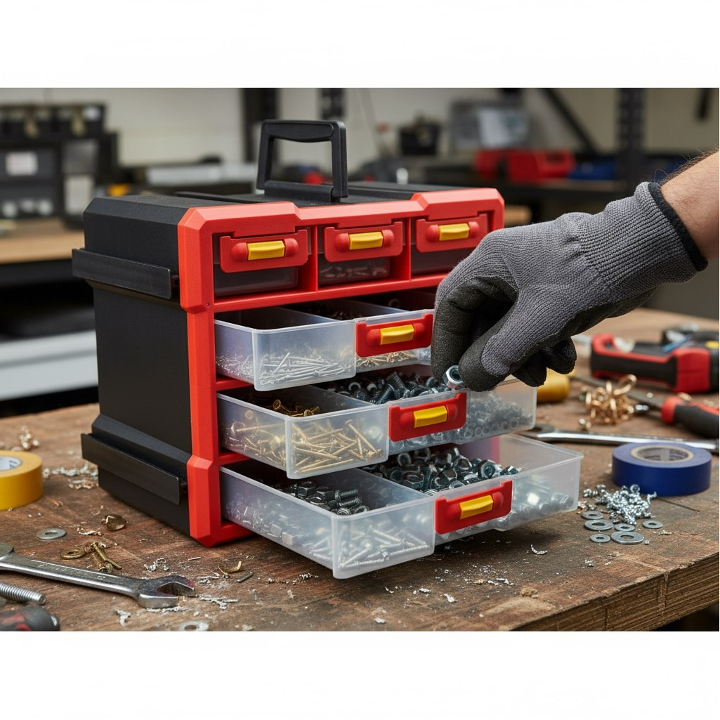 Ящик для инструментов 06431, вертикальный, 10 ячеек, красный, 160х250х300