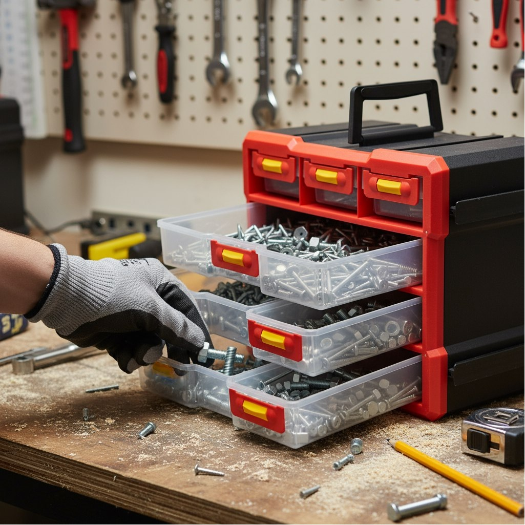 Ящик для инструментов 06431, вертикальный, 10 ячеек, красный, 160х250х300