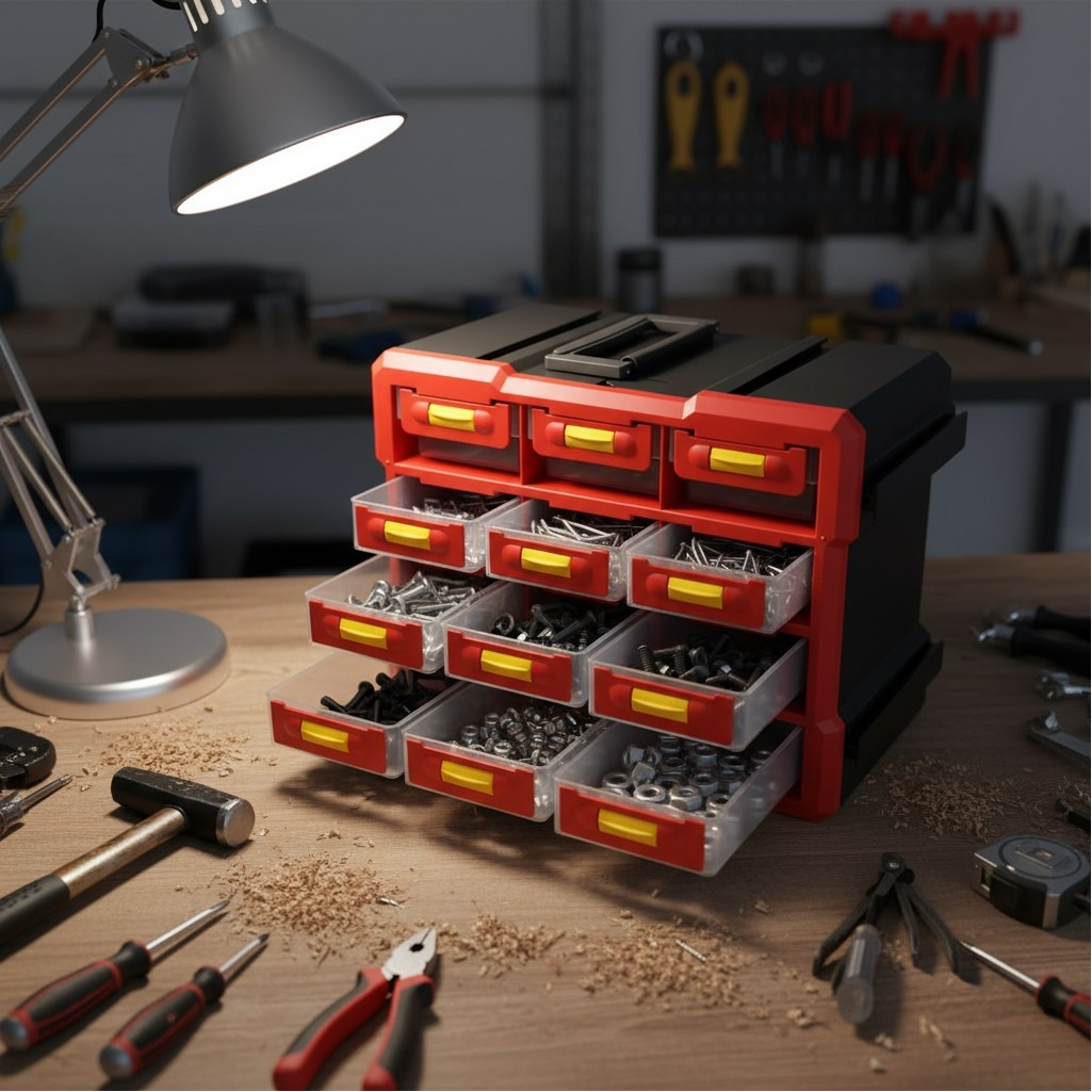 Ящик для инструментов 06448, вертикальный, 12 ячеек, красный, 160х250х300