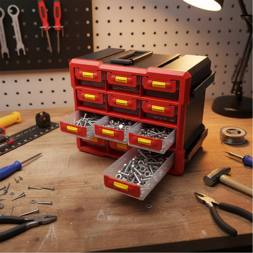 Ящик для инструментов 06448, вертикальный, 12 ячеек, красный, 160х250х300