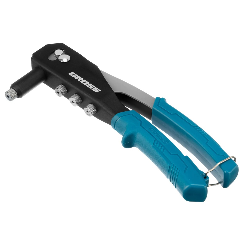 Заклепочник Gross 40415, ручной, вытяжные заклепки, сталь, алюминий, насадки 2.4, 3.2, 4.0, 4.8 мм