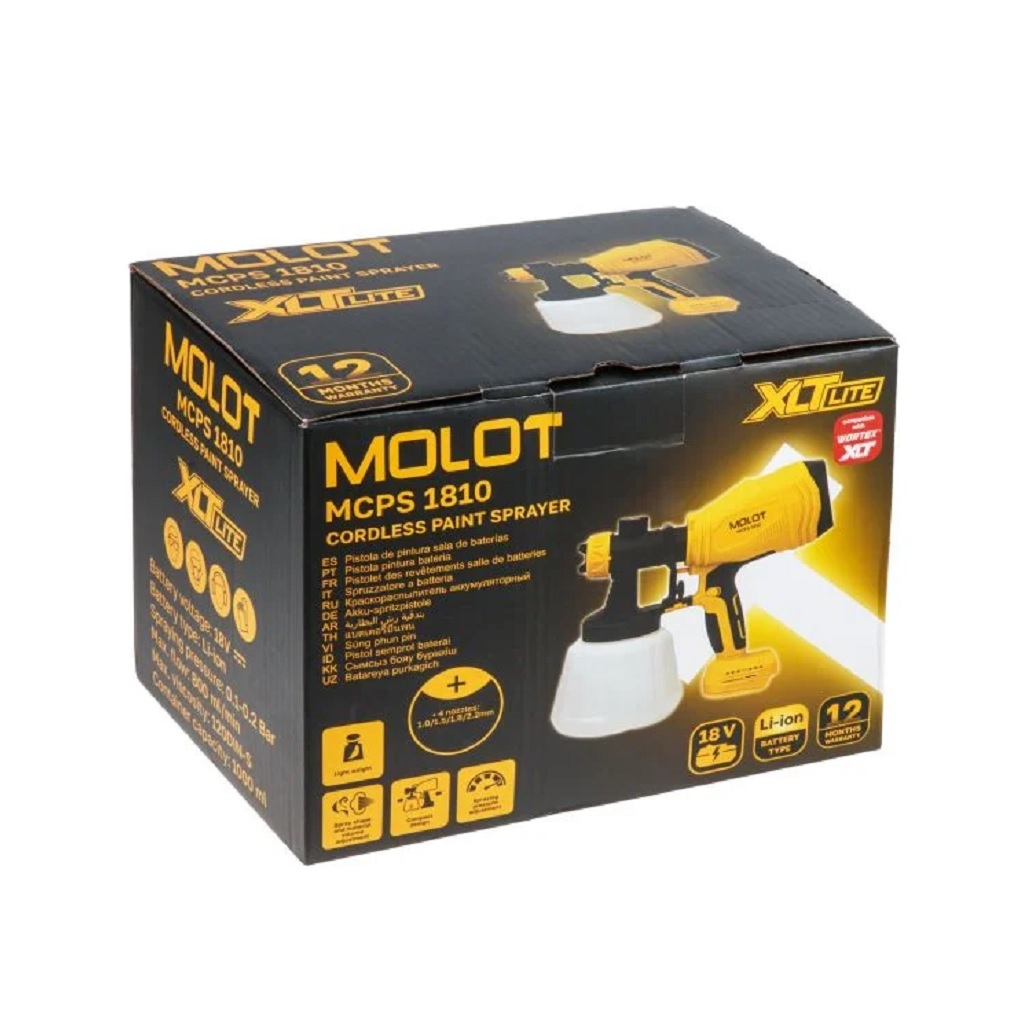 Краскораспылитель электрический Molot MCPS 1810 XLT Lite SET, 2318036, 18В, 1 акк. х 4,0Ah+з.у