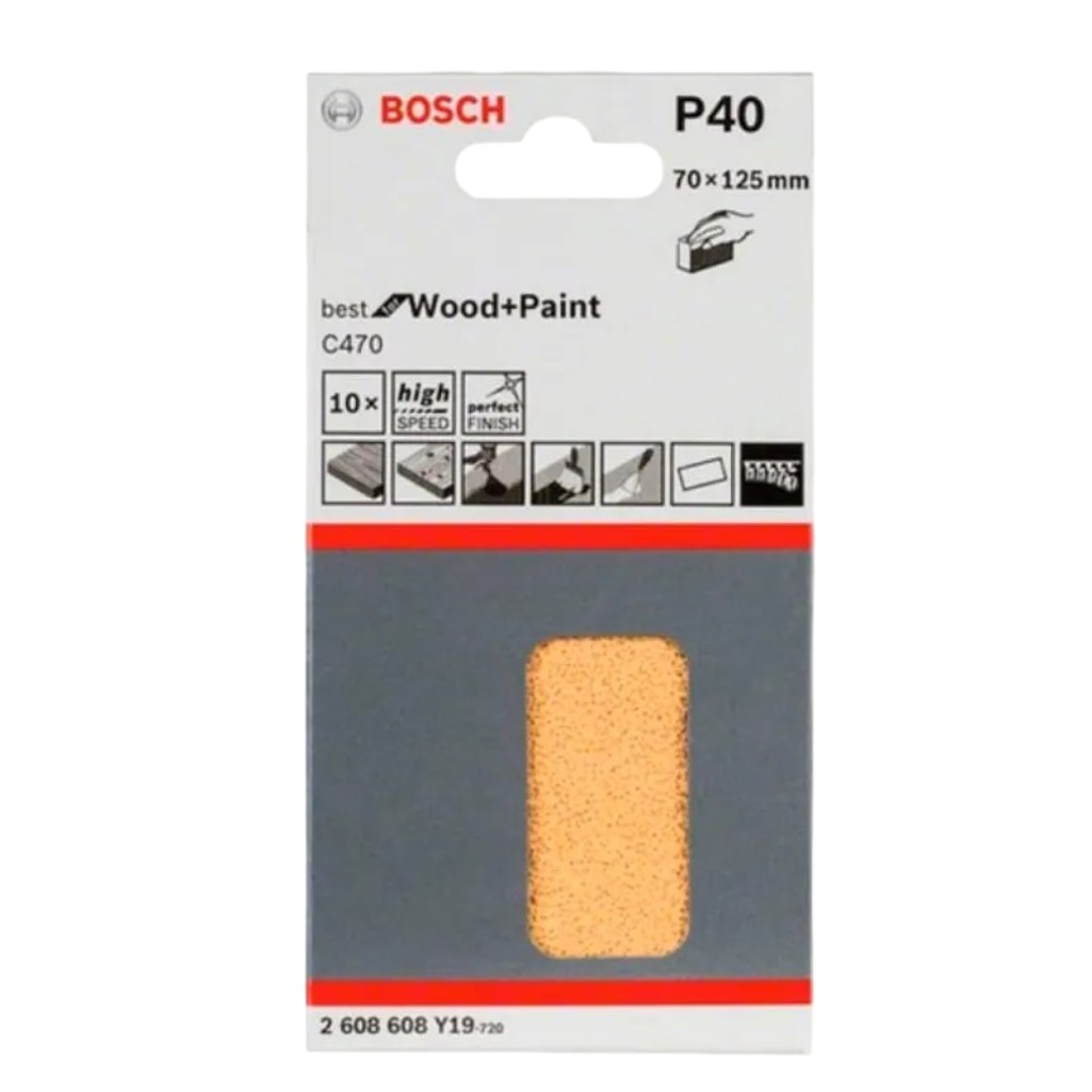 Лист шлифовальный Bosch 2608608Y19, размер 70х125 мм, Р40, для ручного шлифования,  в упаковке 10 шт