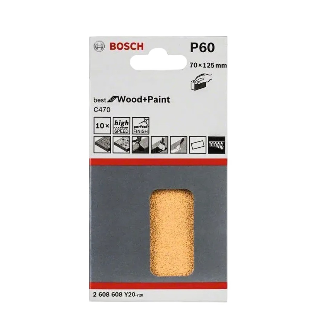 Лист шлифовальный Bosch 2608608Y20, размер 70х125 мм, Р60, для ручного шлифования,  в упаковке 10 шт