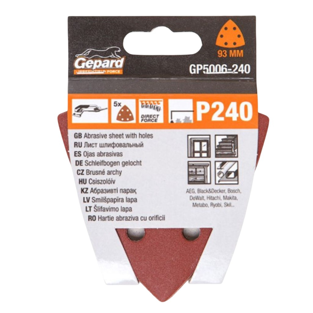 Лист шлифовальный Gepard GP5006-240, перфорированный, размер 93 мм, самозацепляемый, Р240, в упаковке 5 шт