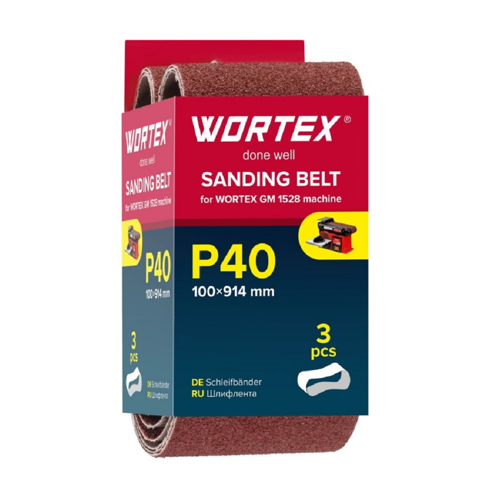 Лента шлифовальная Wortex GM 1528, бесконечная, размер 100х914 мм, Р40, для станков,  в упаковке 3 шт