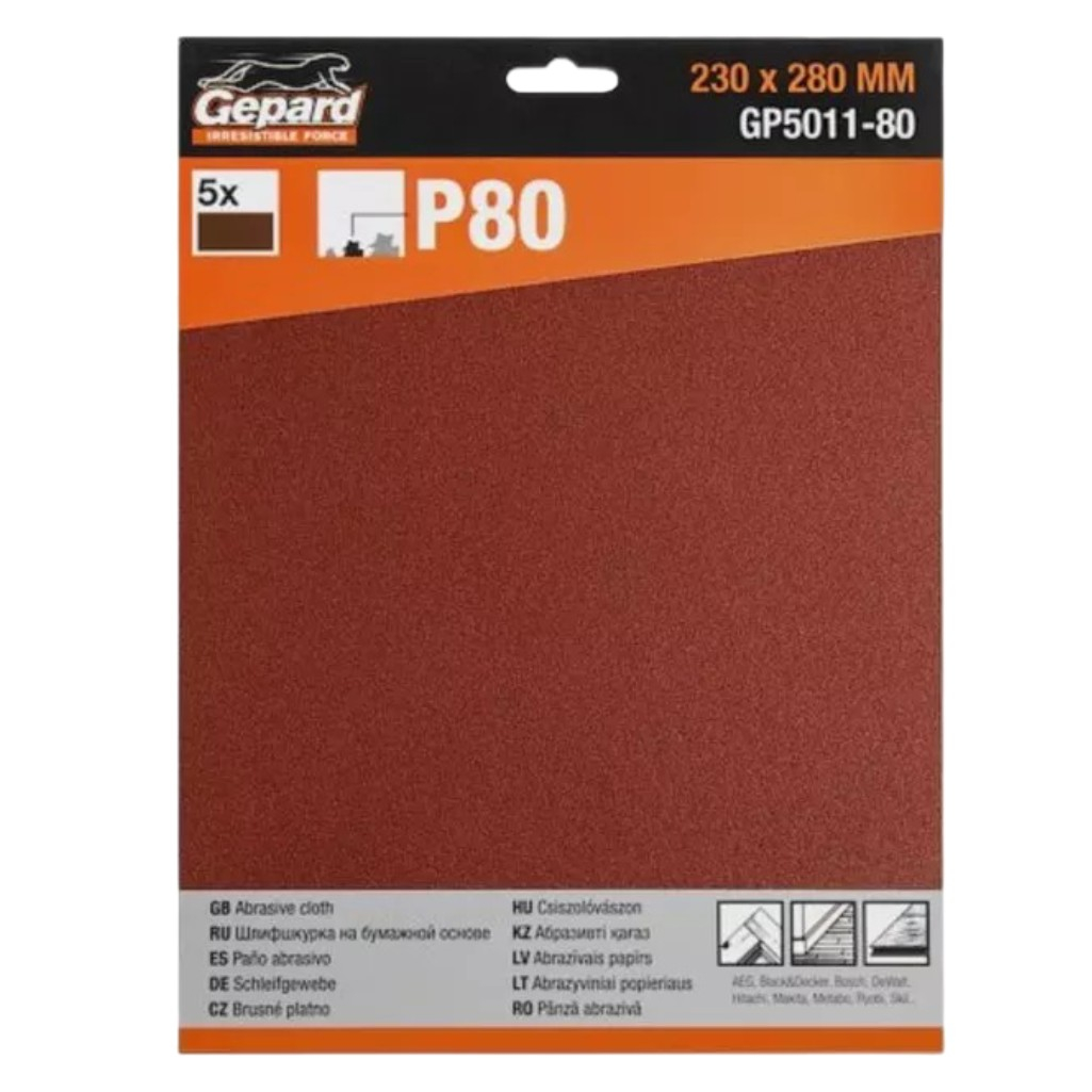 Лист шлифовальный Gepard GP5011-80, водостойкий, размер 230х280 мм, Р80, в упаковке 5 шт