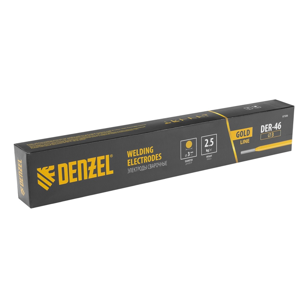 Электроды Denzel DER-46 GoldLine, 3 мм, 2.5 кг 97506, рутил-целлюлозное покрытие, Для ручной дуговой сварки деталей