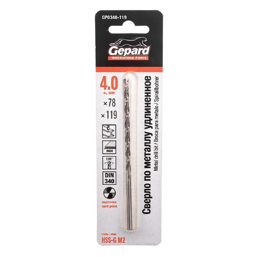 Сверло по металлу Gepard GP0340-119, удлиненное, HSS-G 4x78x119 мм