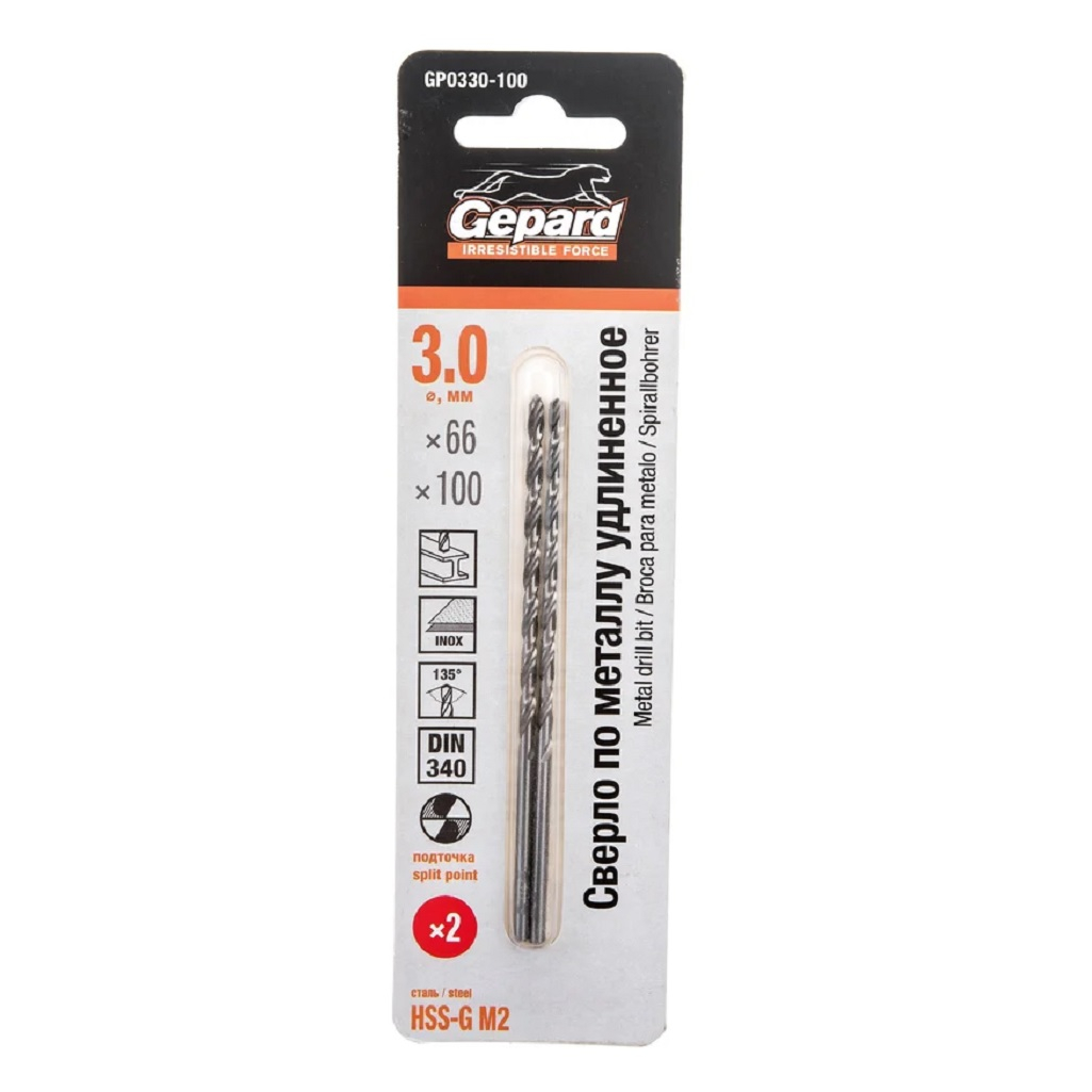 Сверло по металлу Gepard GP0330-100, удлиненное, спиральное, 3х100 мм, в упаковке 2 штуки