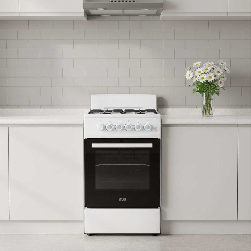 Плита газовая MIU Harisma 526 LUX, УТ-00002918, цвет белый, объем духовки 55 л, откидная дверца