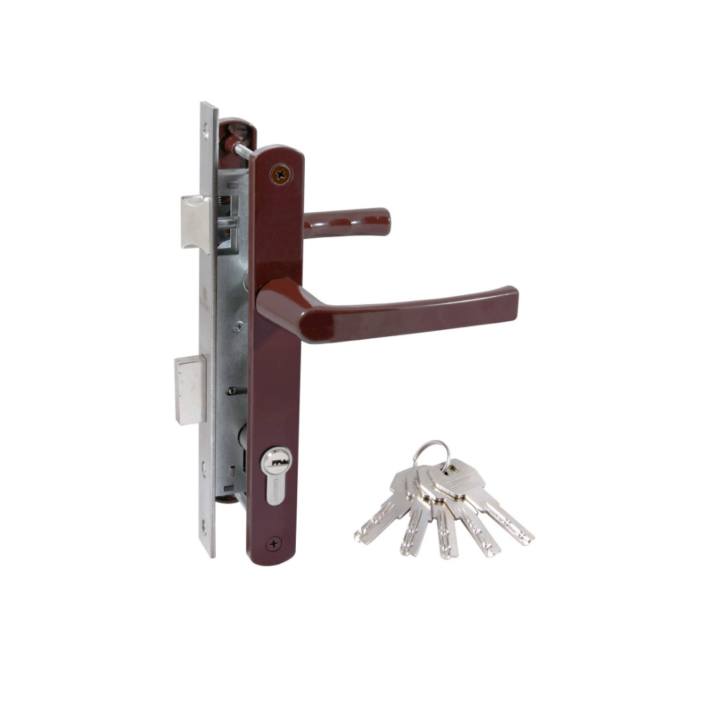 Замок врезной Булат ЗВ4-1.25.01.8017 для калитки, с ручками, коричневый, цилиндр 80 мм, ключ-ключ