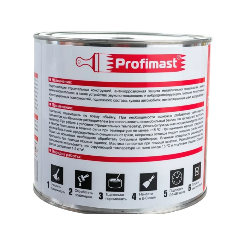 Мастика резинобитумная Profimast 4607952900677, гидроизоляционная, гербицидная добавка, 2 л, 1.8 кг