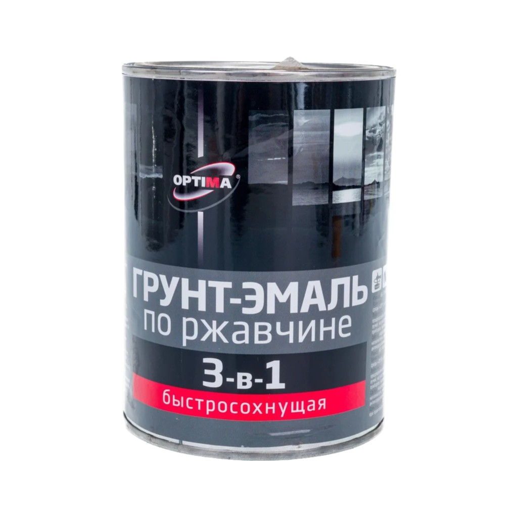 Грунт-эмаль Optima 3-в-1 по ржавчине, быстросохнущая, матовая, черная 0.8кг